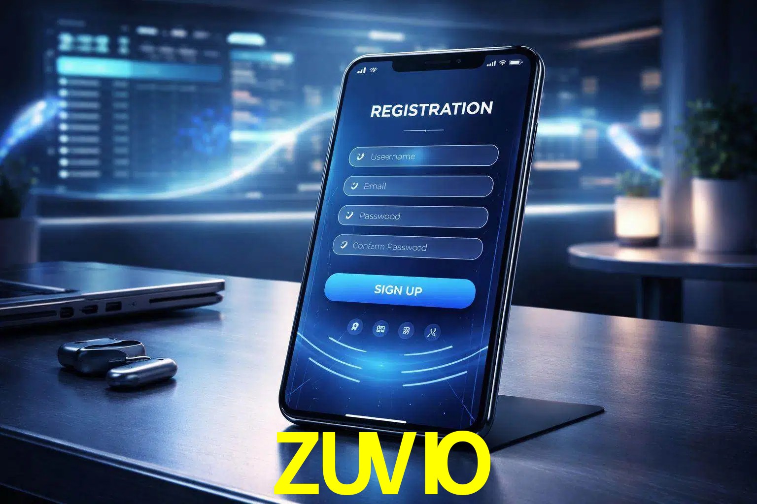 Una interfaz moderna de registro móvil para ZUVIO mostrada en un smartphone con un panel de apuestas elegante.